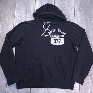 American Eagle Hoodie Mens Large Black Distressed Graphic Tradition Athletic